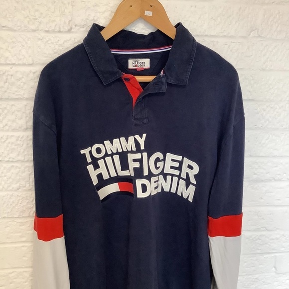 Vintage Tommy Hilfiger Spellout Rugby Shirt - Size 2xl x- P2P 27โ - Navy & White - Picture 5 of 8